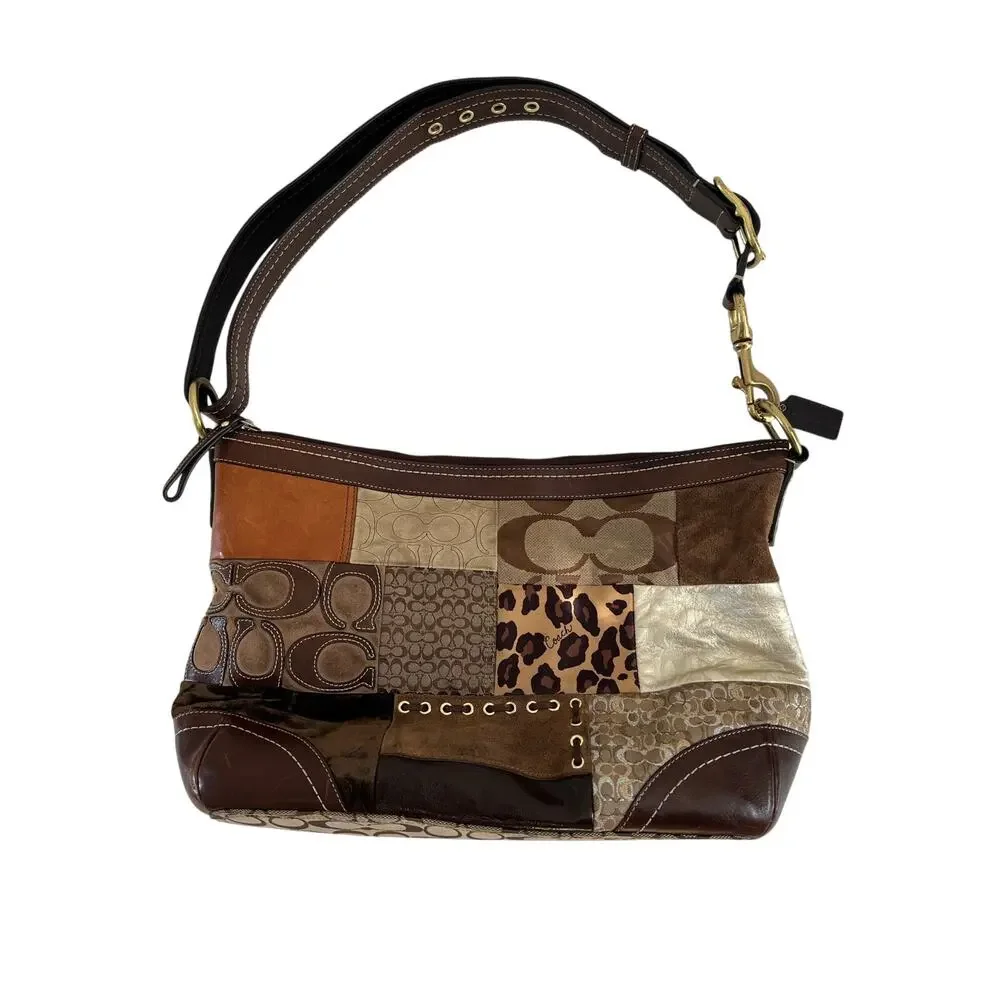 Vintage Coach F0893-F12842 Patchwork Jacquard Leopard Brown Leather Bag Y2K Boho - Picture 2 of 16